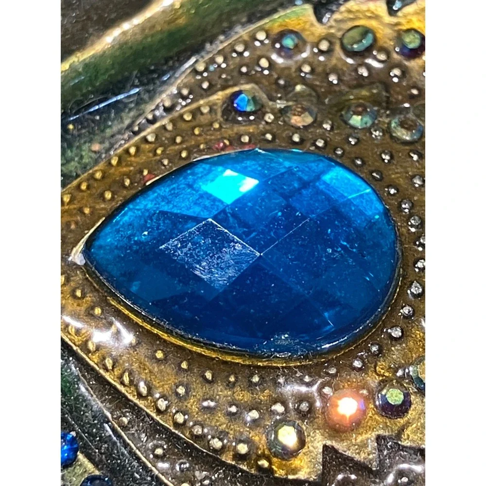 Decorative Peacock Feather Enamel Trinket Dish Green Gold Blue Rhinestone